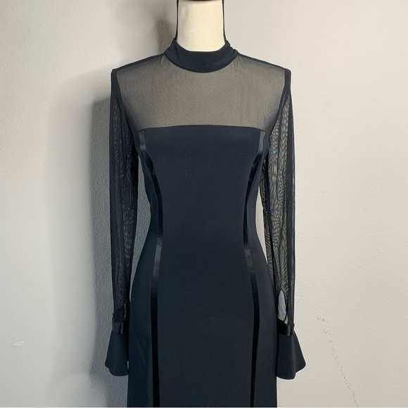 Oleg Cassini Black Sheer Mesh Long Sleeve High Split Maxi Formal Maxi Gown - Picture 7 of 16